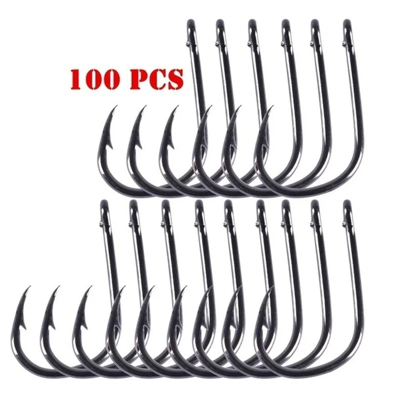 100 unidades/caixa # Pacote de ganchos de pesca de aço de alto carbono 3 ~ 12 com ganchos de pesca com furo círculo preto ganchos farpados - Imagem 3