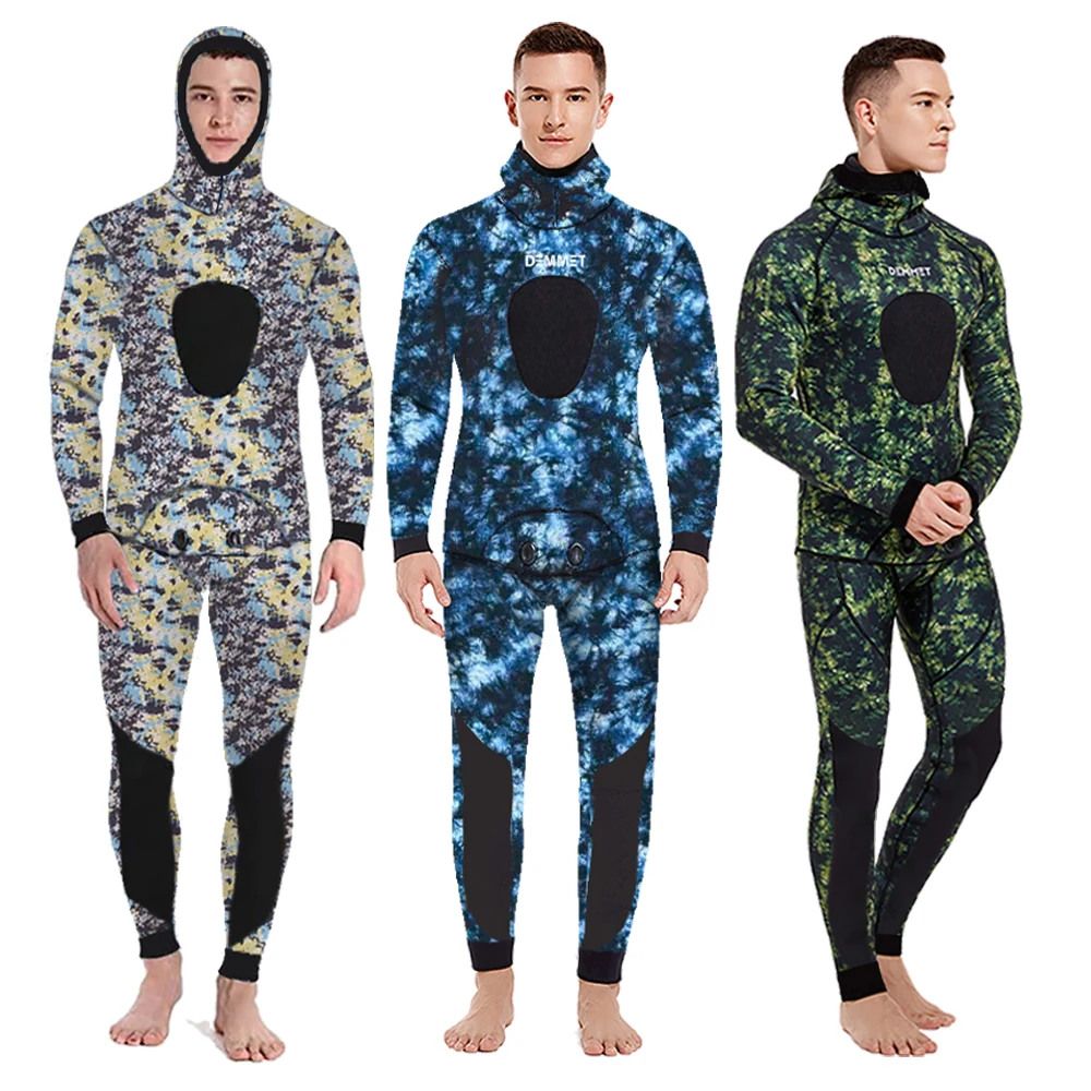 DEMMET Capuz Camuflagem 3MM Duas Peças Neoprene Wetsuit Para Mergulho Natação Caça Subaquática Wetsuit Mantém Quente E Frio