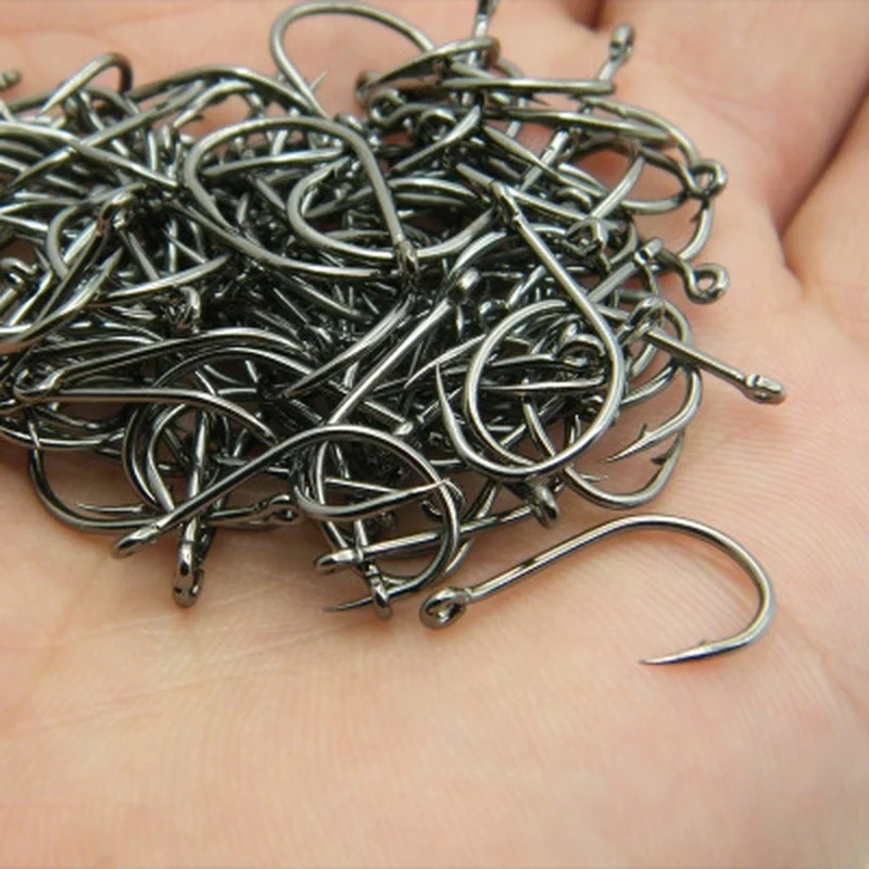 100 unidades/caixa # Pacote de ganchos de pesca de aço de alto carbono 3 ~ 12 com ganchos de pesca com furo círculo preto ganchos farpados - Imagem 5