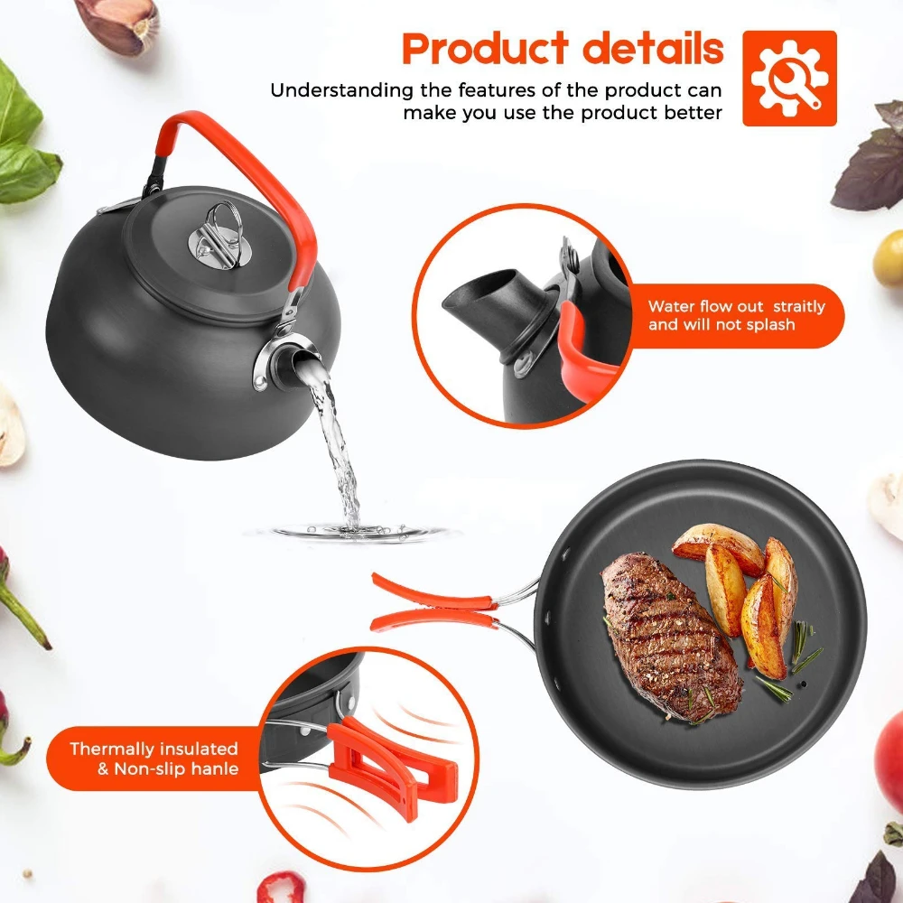 Conjunto de panelas e chaleiras de alumínio para atividades ao ar livre, equipado com bolsa de armazenamento em malha e kit de talheres para camping e viagens. - Imagem 2
