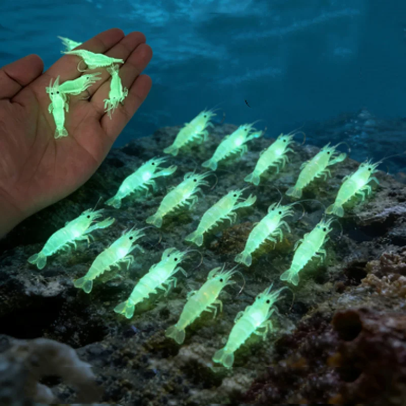 16 Iscas de Pesca Luminosas em Formato de Camarão, Iscas Artificiais de Silicone que Brilham no Escuro com Anzóis, Equipamento para Água Doce e Salgada