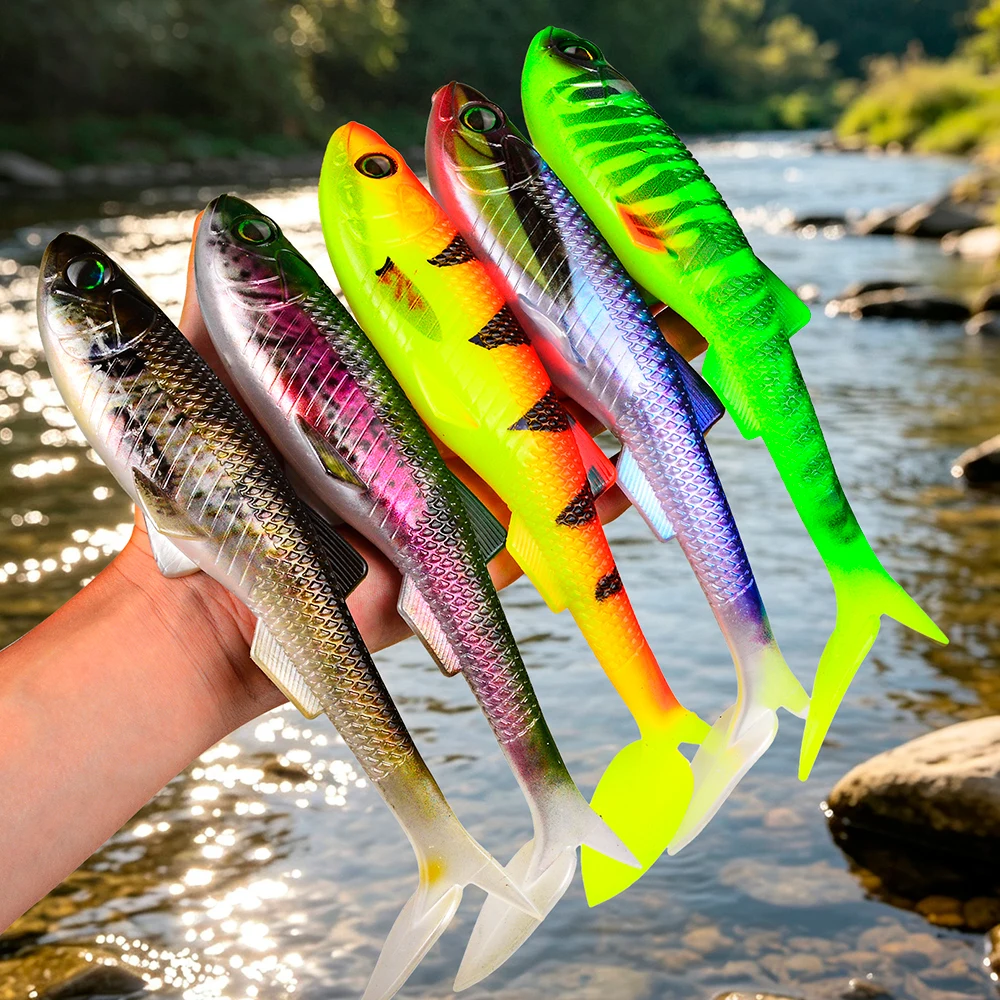 Isca Artificial Sunlure 2/5/8 Peças com Cauda em T, Olhos 3D Realistas, Isca de Silicone para Pesca de Robalo e Água Salgada