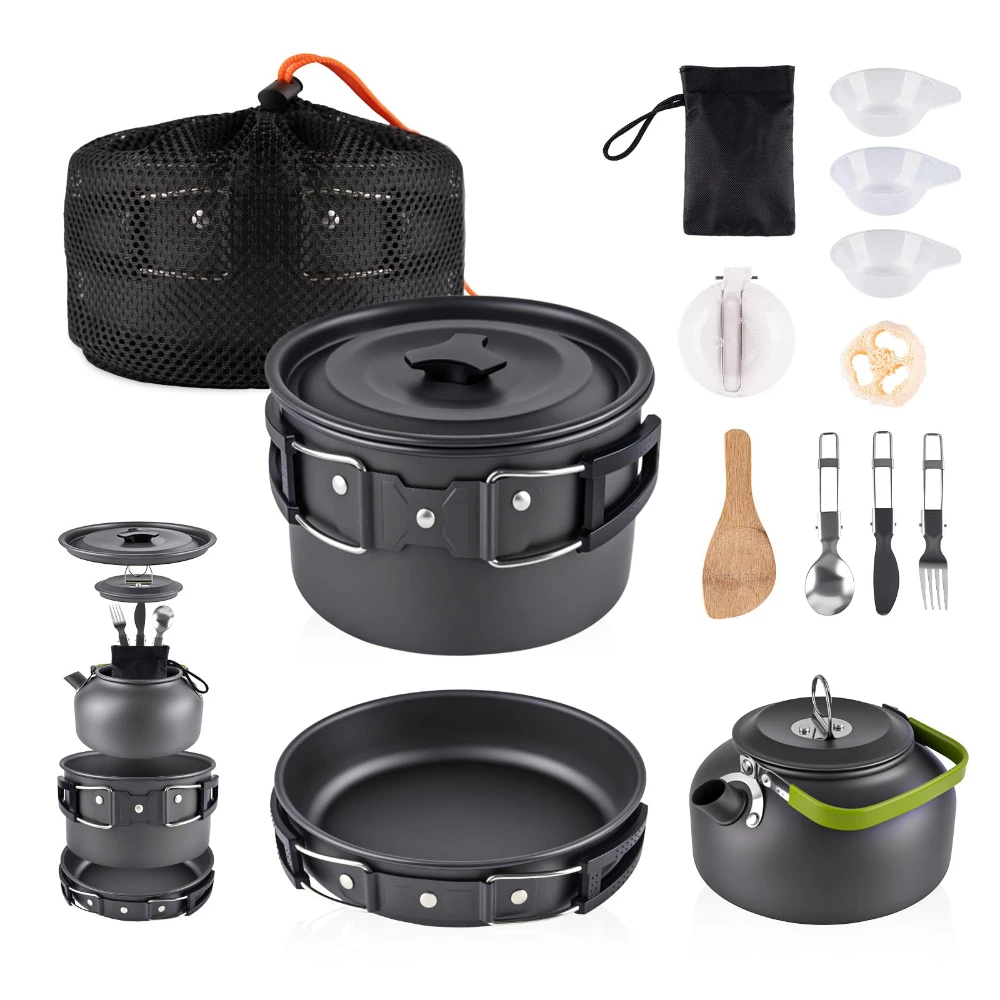 Conjunto de panelas e chaleiras de alumínio para atividades ao ar livre, equipado com bolsa de armazenamento em malha e kit de talheres para camping e viagens. - Imagem 8