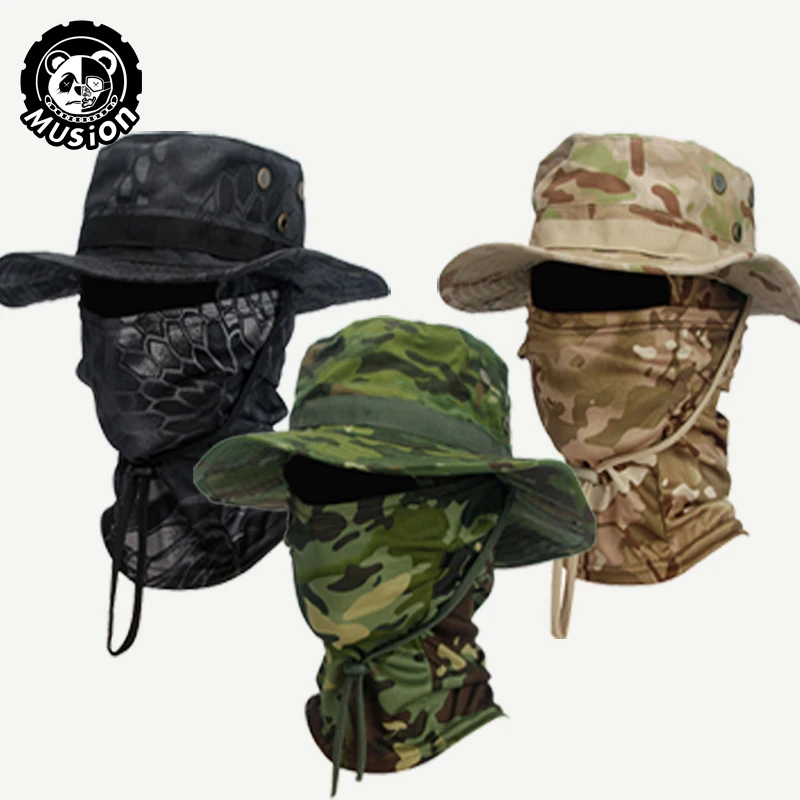 Musion camuflagem chapéu de aba larga balaclava conjunto masculino ao ar livre guarda-sol boonie boné pescador chapéu de pesca chapéu de proteção solar