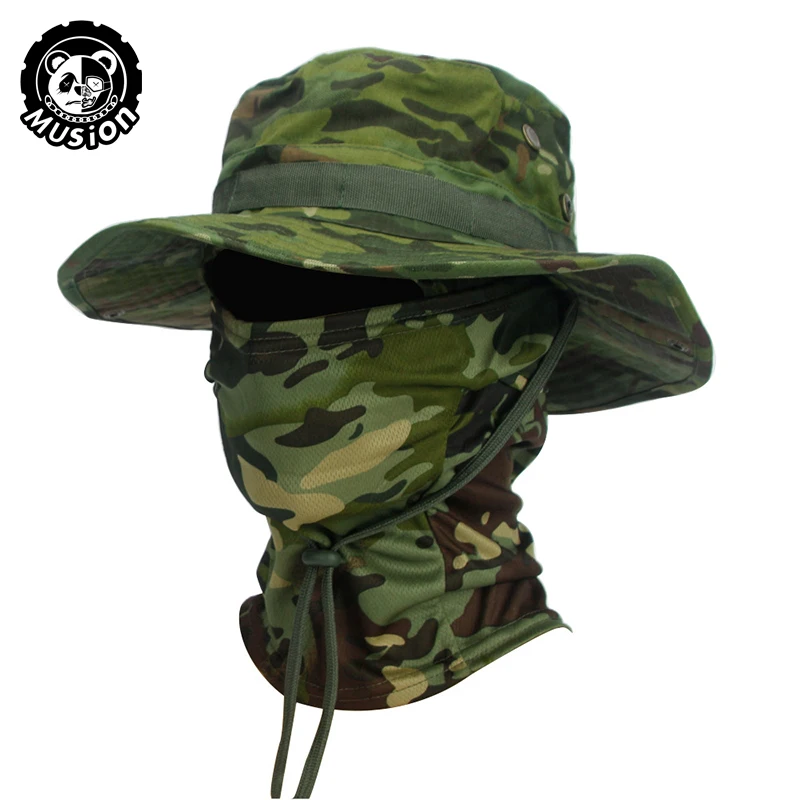 Musion camuflagem chapéu de aba larga balaclava conjunto masculino ao ar livre guarda-sol boonie boné pescador chapéu de pesca chapéu de proteção solar - Imagem 13