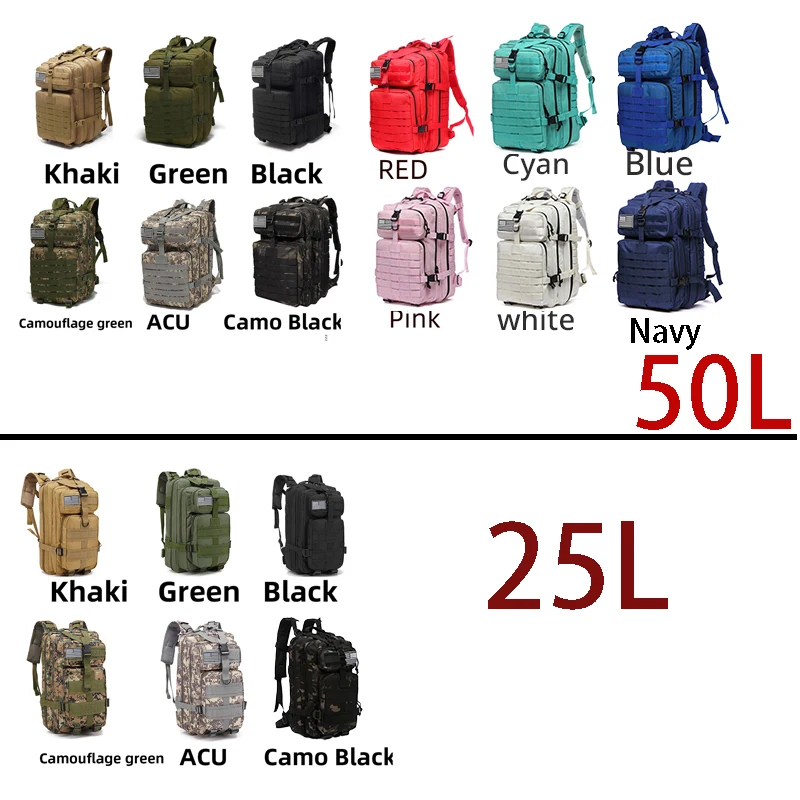 Mochila Multiuso 25L e 50L, Náilon Impermeável Resistente, Tática para Esportes, Camping, Pesca e Caminhadas na Natureza - Imagem 2