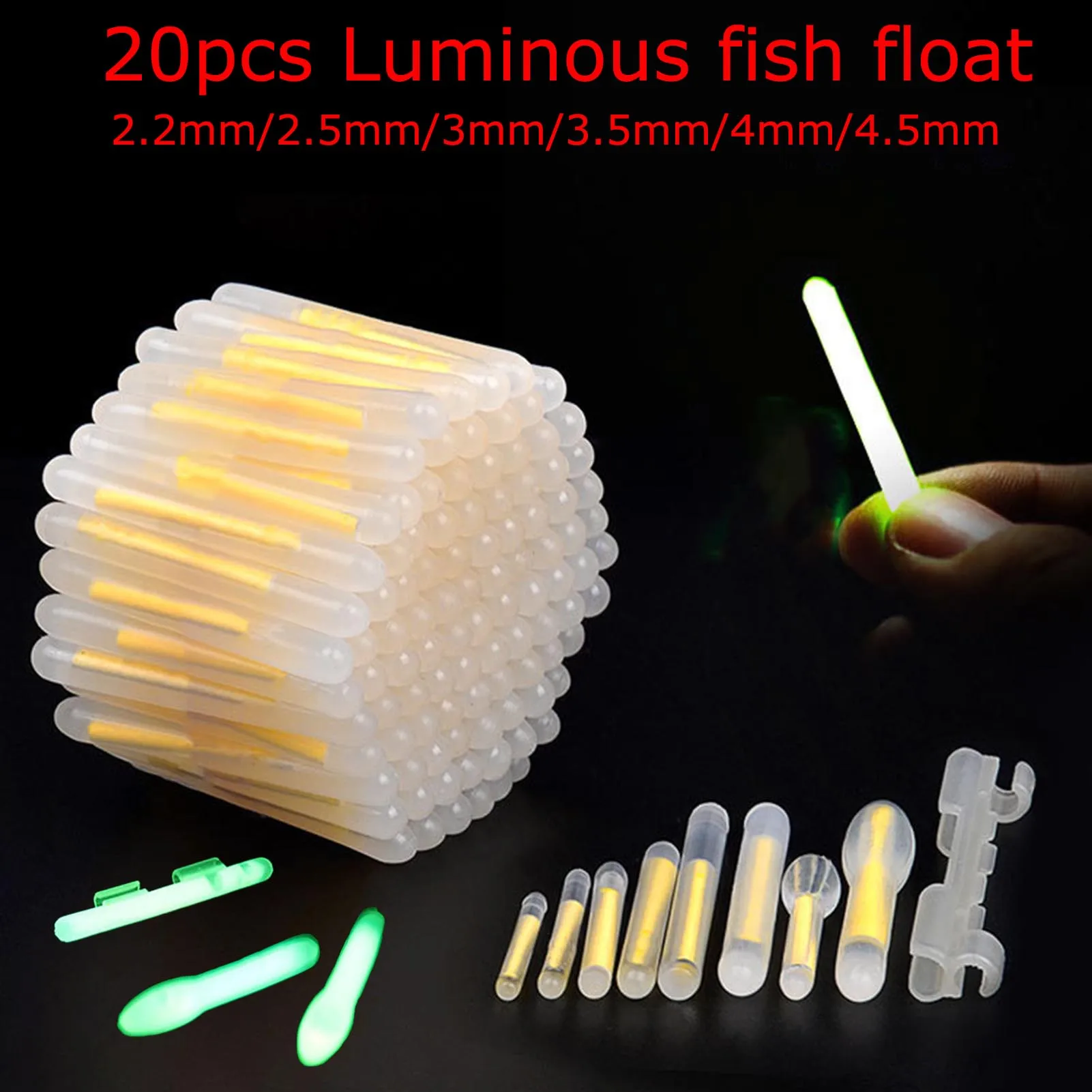 Vareta Luminosa Fluorescente para Pesca Noturna, 2.2–4.5mm, Brilho no Escuro, Acessório para Bóia e Ponta de Vara, Pacote com 20 Unidades