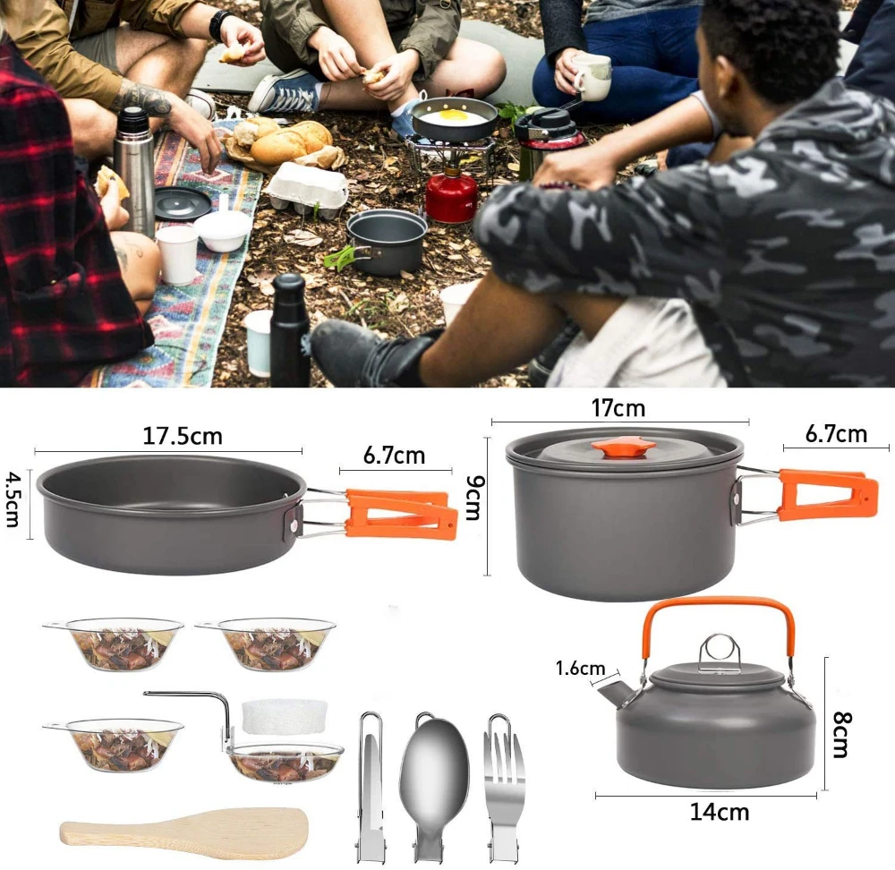 Conjunto de panelas e chaleiras de alumínio para atividades ao ar livre, equipado com bolsa de armazenamento em malha e kit de talheres para camping e viagens. - Imagem 3