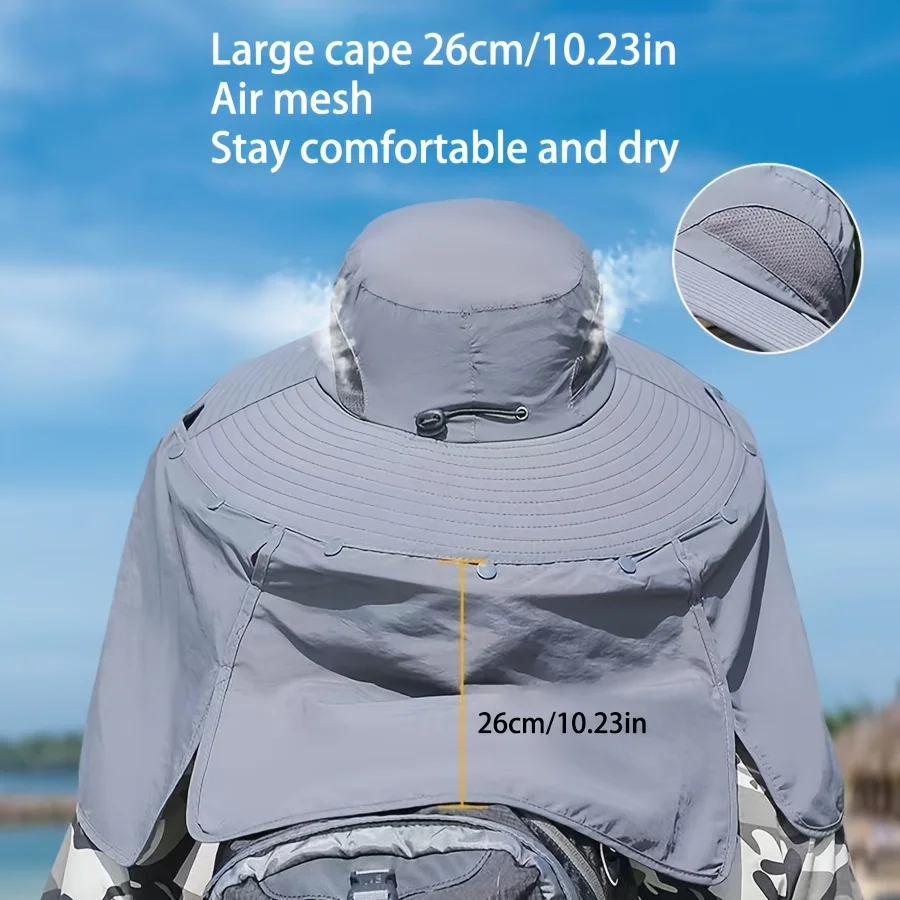Chapéu de sol para atividades ao ar livre, respirável, anti-uv, proteção para o pescoço, cobertura para o rosto, chapéu de pesca, aba larga, guarda-sol removível, chapéu para caminhadas e acampamento - Imagem 2