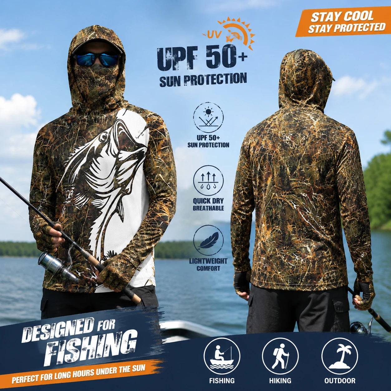 Camisas de Pesca com Capuz e Manga Longa UPF 50+, Secagem Rápida, Respirável, Proteção UV para Homens