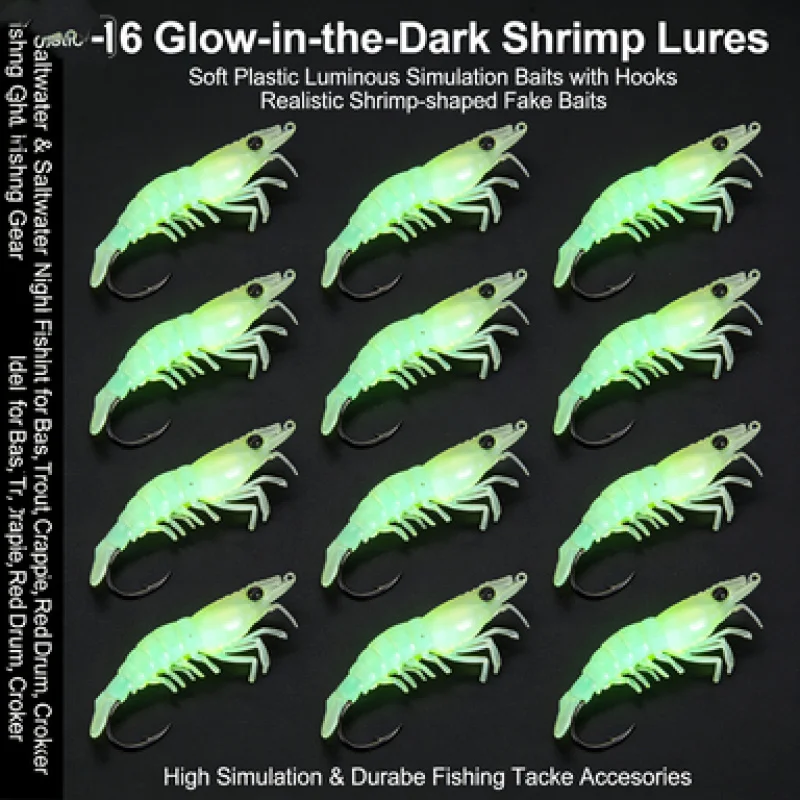 16 Iscas de Pesca Luminosas em Formato de Camarão, Iscas Artificiais de Silicone que Brilham no Escuro com Anzóis, Equipamento para Água Doce e Salgada - Imagem 4