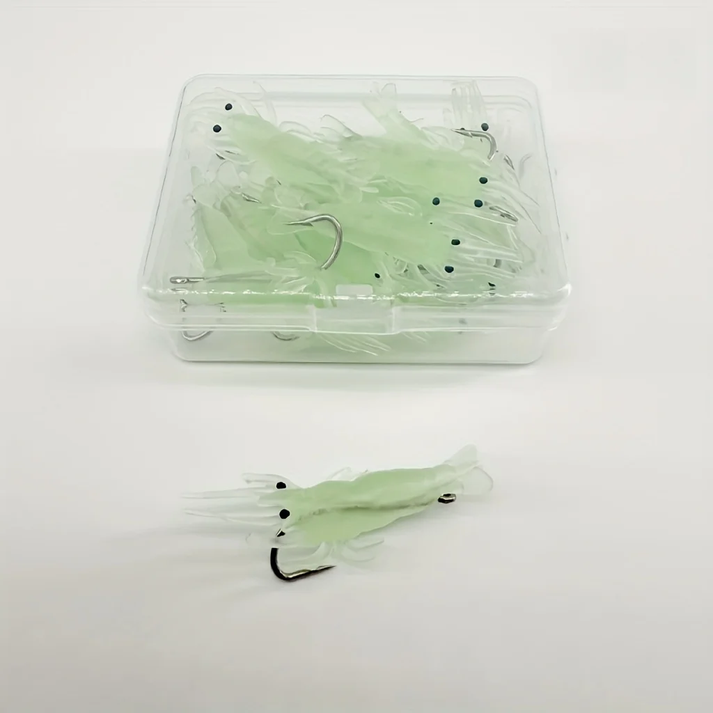 16 Iscas de Pesca Luminosas em Formato de Camarão, Iscas Artificiais de Silicone que Brilham no Escuro com Anzóis, Equipamento para Água Doce e Salgada - Imagem 5