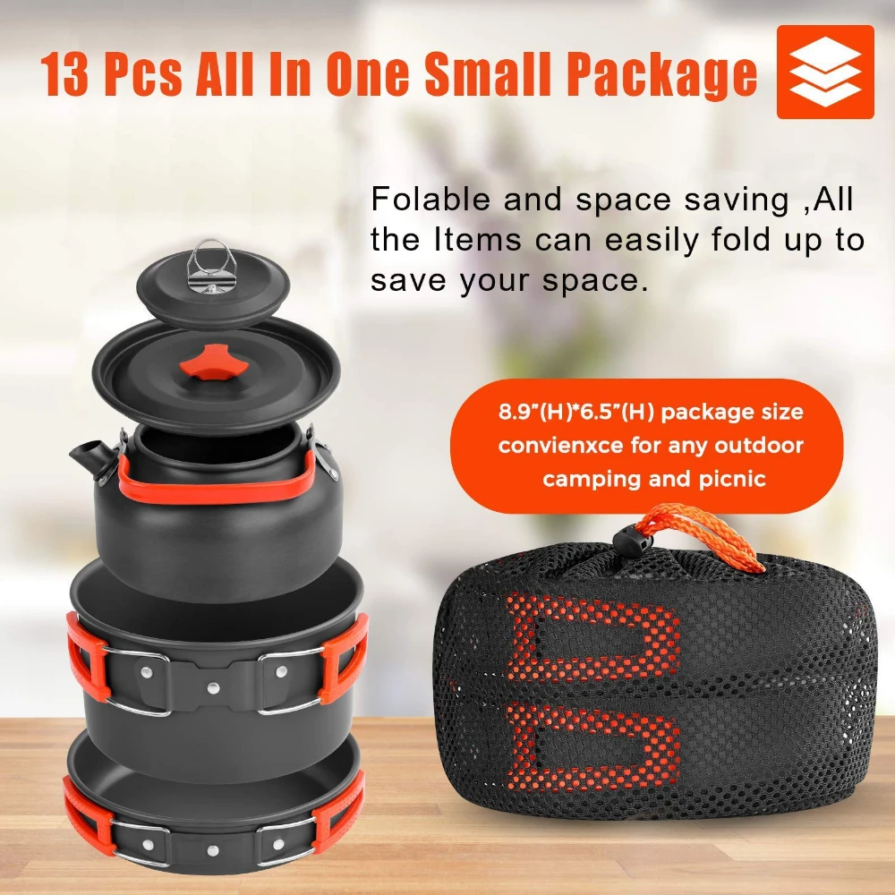 Conjunto de panelas e chaleiras de alumínio para atividades ao ar livre, equipado com bolsa de armazenamento em malha e kit de talheres para camping e viagens. - Imagem 6