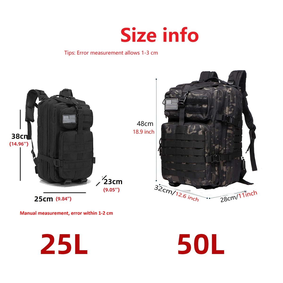 Mochila Multiuso 25L e 50L, Náilon Impermeável Resistente, Tática para Esportes, Camping, Pesca e Caminhadas na Natureza - Imagem 6