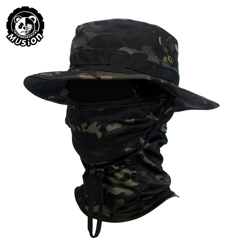 Musion camuflagem chapéu de aba larga balaclava conjunto masculino ao ar livre guarda-sol boonie boné pescador chapéu de pesca chapéu de proteção solar - Imagem 7