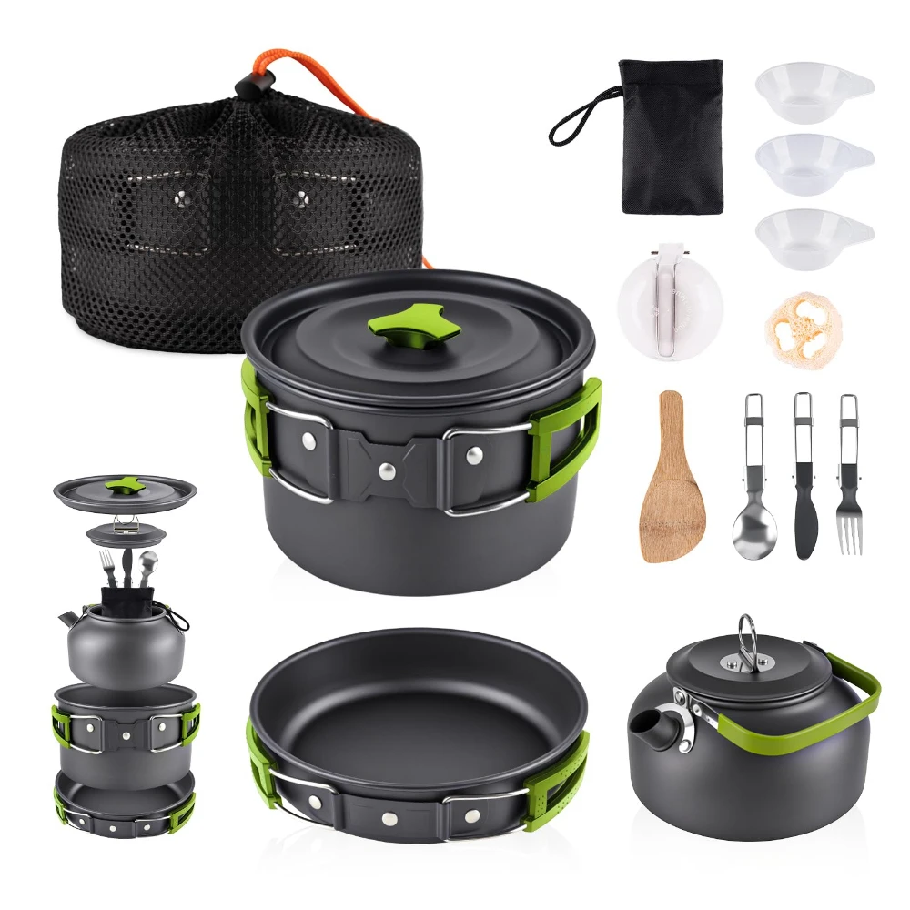 Conjunto de panelas e chaleiras de alumínio para atividades ao ar livre, equipado com bolsa de armazenamento em malha e kit de talheres para camping e viagens. - Imagem 9