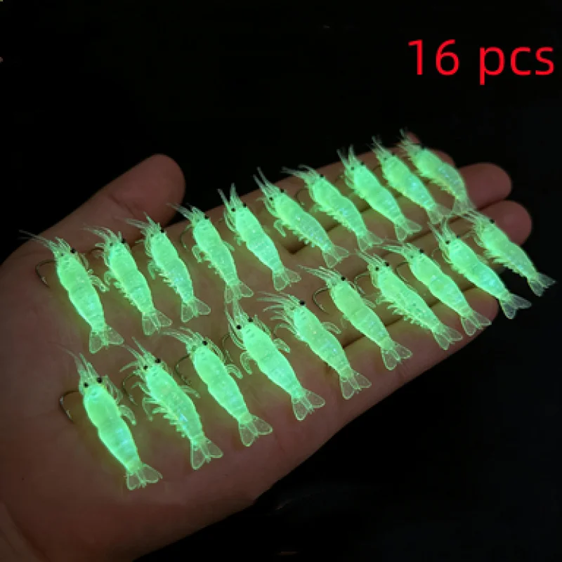 16 Iscas de Pesca Luminosas em Formato de Camarão, Iscas Artificiais de Silicone que Brilham no Escuro com Anzóis, Equipamento para Água Doce e Salgada - Imagem 2