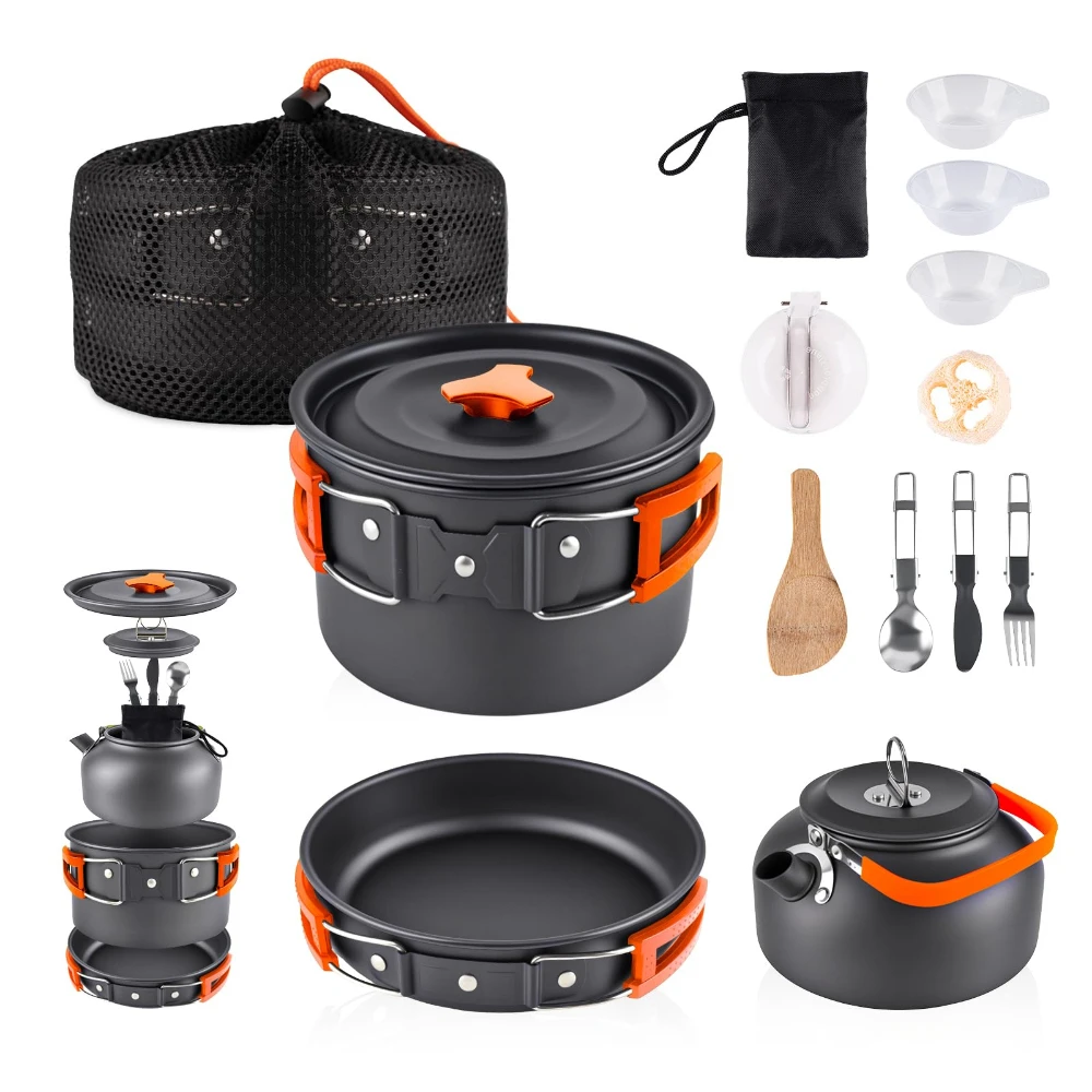 Conjunto de panelas e chaleiras de alumínio para atividades ao ar livre, equipado com bolsa de armazenamento em malha e kit de talheres para camping e viagens. - Imagem 7